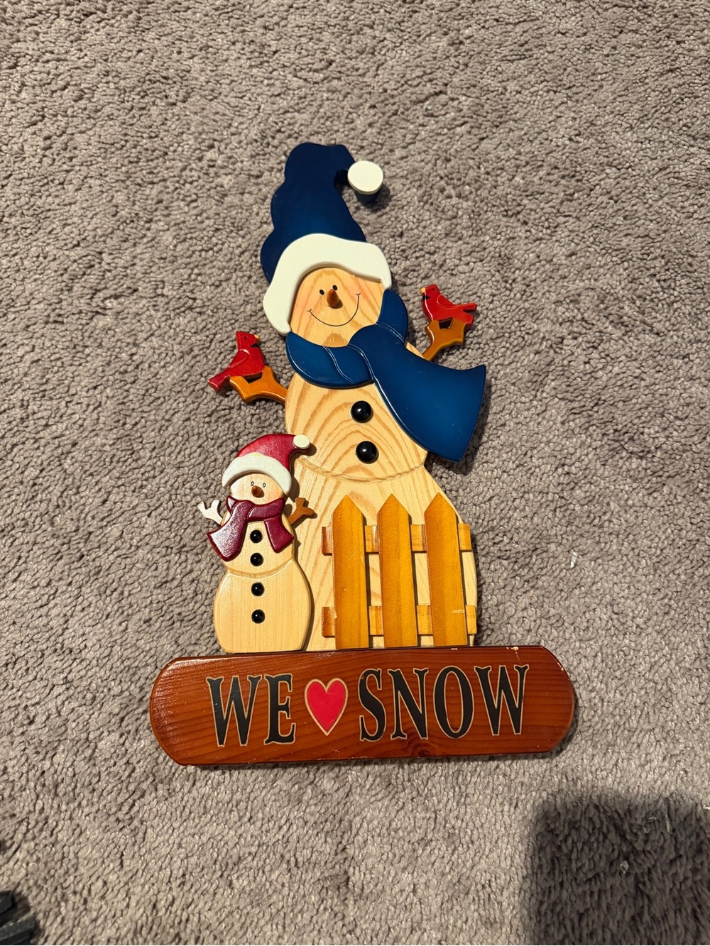 We ♥ Snow Wooden Snowman Holiday Wall Decor - Blue Accent